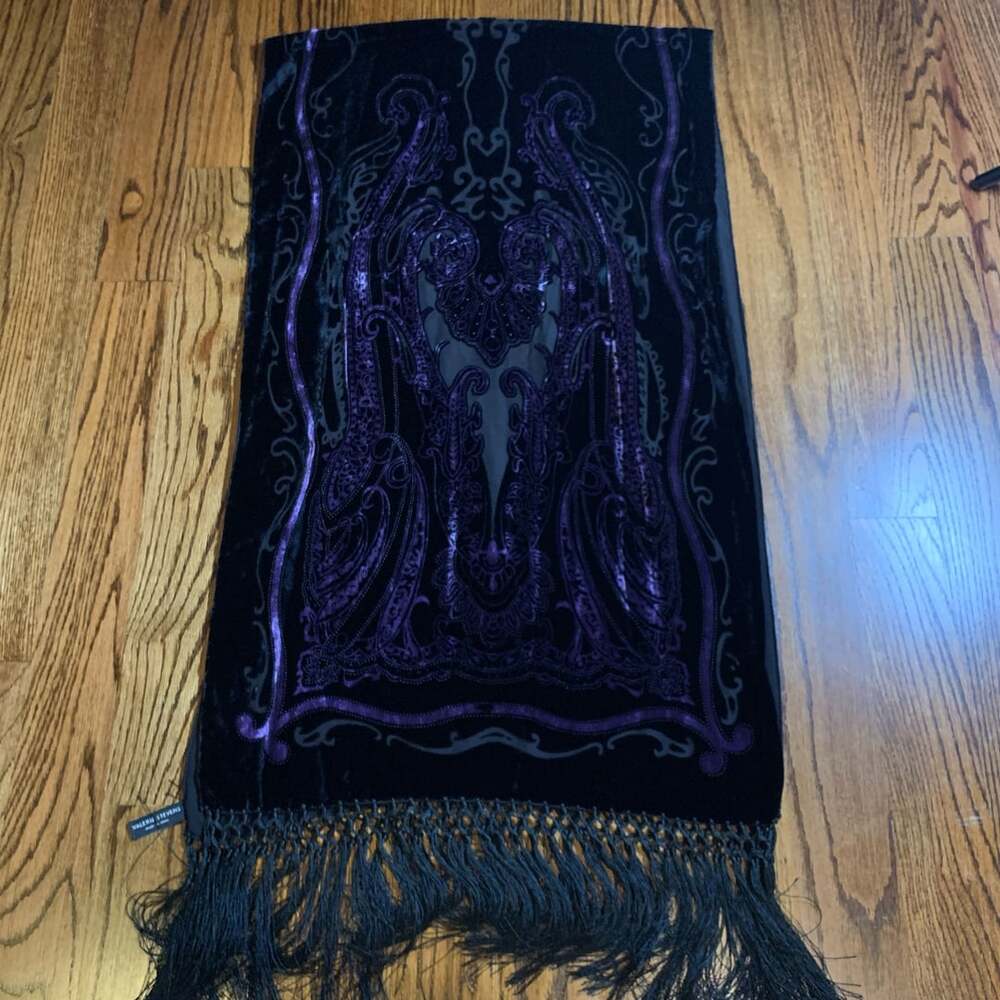 Valerie Stevens Velvet Devore Scarf Black Purple Gothic Fringe
